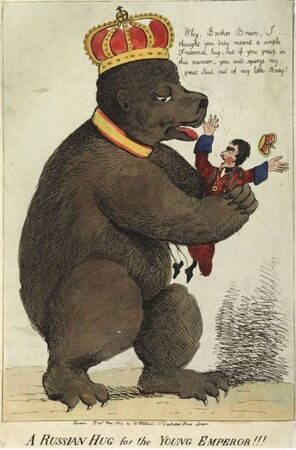 «Русские объятия для молодого императора». Антинаполеоновская карикатура начала XIX века