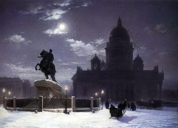 Вид памятника Петру I на Сенатской площади в Петербурге